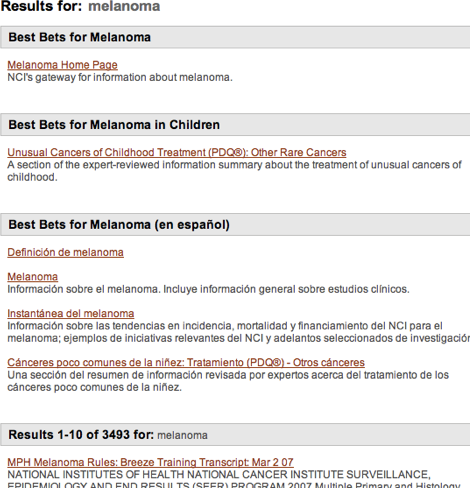 When searching cancer.gov for melanoma, you’ll find best bet search results front and center.